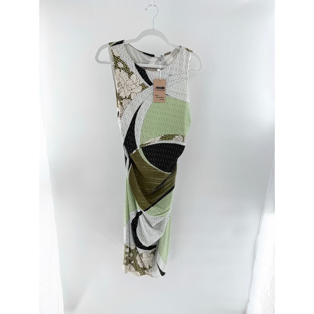 Emilio Pucci Printed Sleeveless Ruched Bodycon Midi Dress Green Multi Women US 8